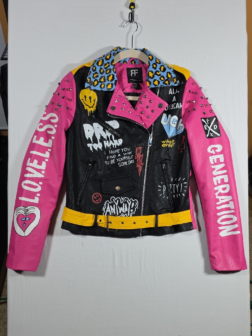 Red Fox "Loveless Generation" Studded Punk Faux Leather Moto Jacket  Size SMALL